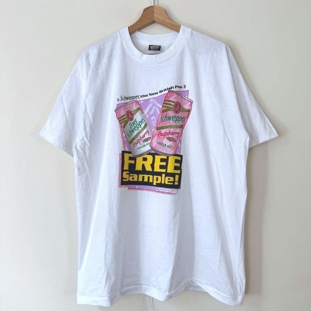 Vintage 90's Schweppes Ginger Ale Free Sample Soda Snack White Tee Shirt - XL